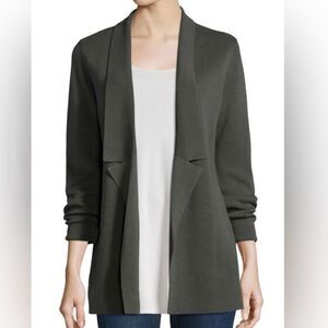 Eileen Fisher Interlock Knit Open Front Cardigan Notched Collar Cotton & Silk XS